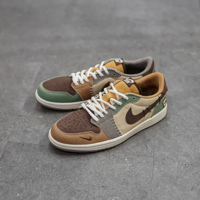 sepatu jordan warna coklat tampak samping ,atas, depan