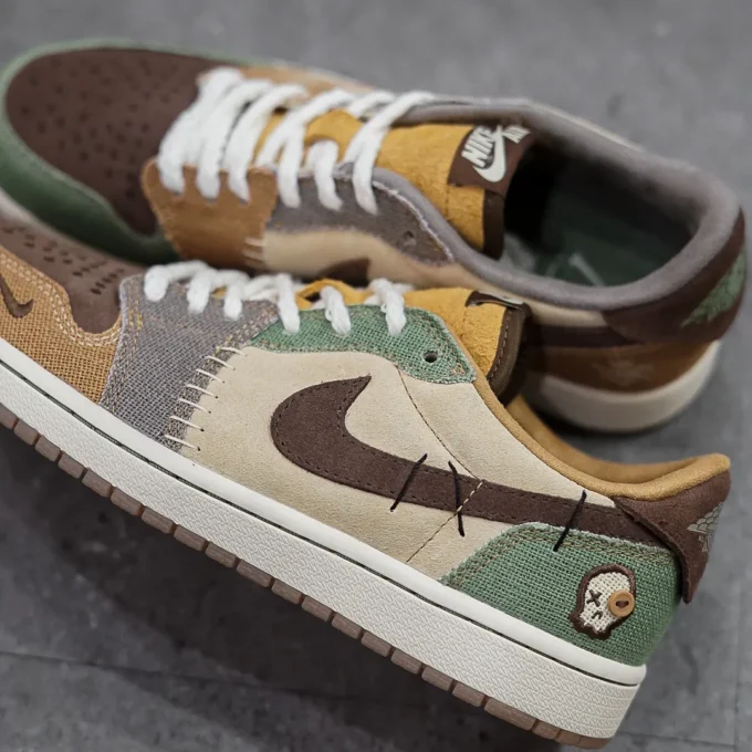 sepatu jordan warna coklat tampak samping ,atas, depan